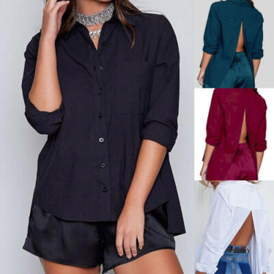 

Women Lady Work Office Loose Long Sleeve Open Back Shirt Blouse Buttons Tops