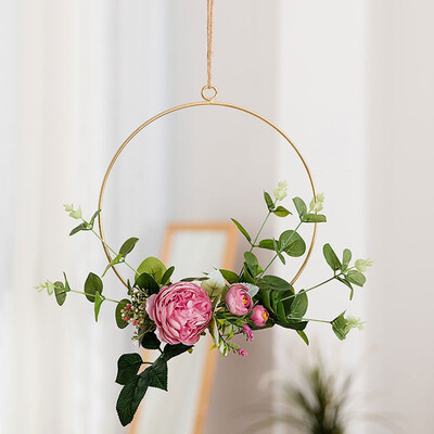 

Novelty Home Kitchen Wall Art Decoration Floral Gold Metal Geometric Hoop Wreath Artificial Flower Garland Hanging Pendant Decor