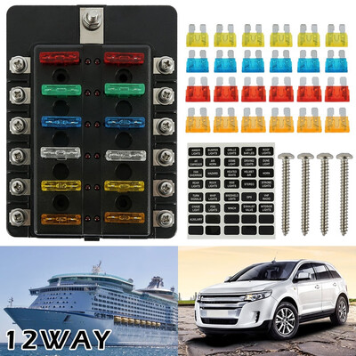 

Universal 12 Way Circuit Standard Blade Fuse Box Holder with LED Warning Indicator Damp-Proof Cover Fuse Block