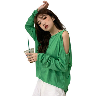 

Women Sexy Off-shoulder Slim T-shirt Tops Round Collar Solid Color Thin Section Long Sleeve Tops