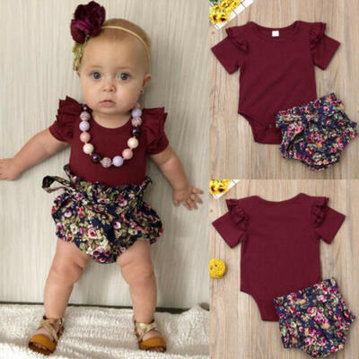 

US Toddler Kids Baby Girl Infant Clothes Romper Tops Floral Short Pants Outfits