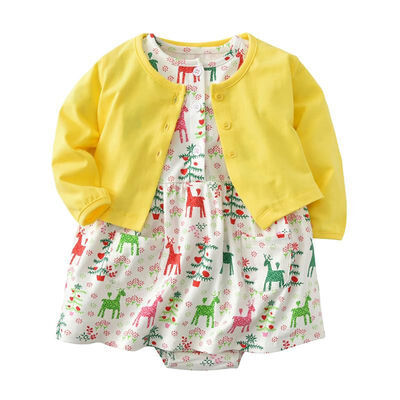 

Baby Girl Clothes Infant Cue Flower Deer Heart Print Dress with Solid Open Stitch Coat Set Children Clothing For Girl