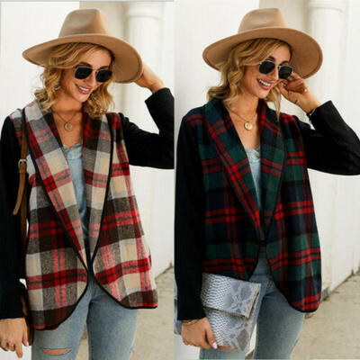 

Women Waterfall Plaid Coat Jacket Ladies Holiday Long Sleeve Cardigan Waistcoat