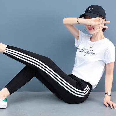 

Women Pants Casual Harajuku Plus Size Black Loose High-Elastic Sports Straight Type Side White Bar Leggings Drawstring Pants
