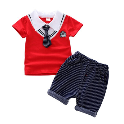 

Children Boys Set Children Clothing Summer Sportswear Kids Cardinal Tie Short Sleeve Lapel Pullover Shirt Tops Cotton Clothes