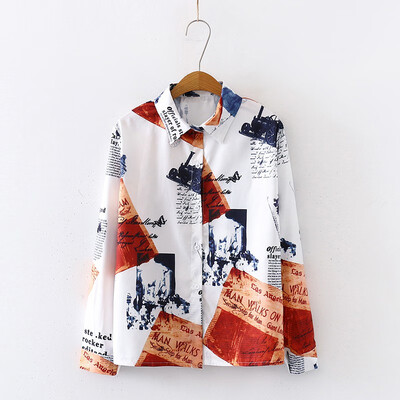 

Ins Hot Women Shirt Loose Personality Printed Long Sleeve Blouse Female White Orange Vintage Tops&Blouses