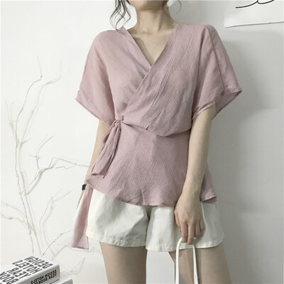 

Jlong Kimono Style Bandage Womens Tops Blouses Feminina Elegant V-neck Short Sleeved Slim Chiffon Shirt New Fashion z1