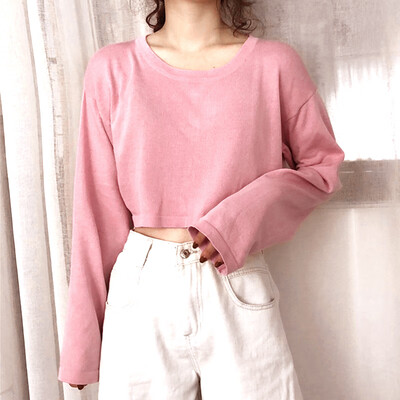 

Autumn Womens Round Neck T-Shirt Long Sleeve Tops Pure Color Loose Fit Pullover Blouse