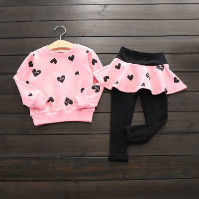 

2017 Baby Girls clothes Sets Spring Kids Girls Heart Printed Long Sleeve T-shirt TopsSkirtpants Children 2 Pcs Clothing Set