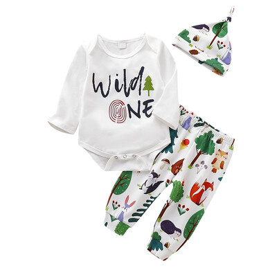 Spring Autumn Cute Print Children Rompers Set Baby Boy Printing Rompers And Trousers And Hat Kids Three-piece Outfit Set