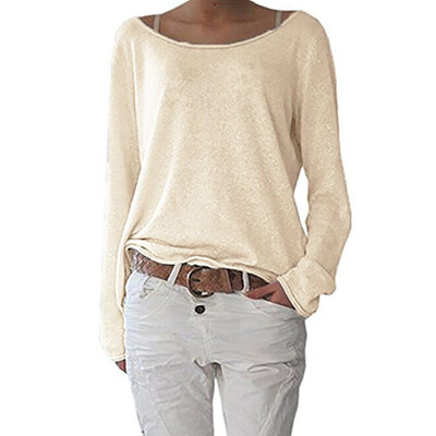 

Solid Color Casual Round Neck Long Sleeve Women Knitted T-shirt Bottoming Top