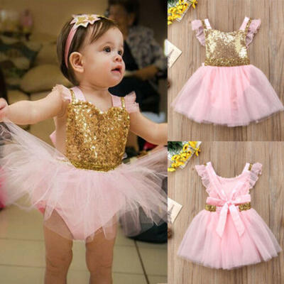 

Newborn Girl Baby Sequin Bow Princess Dress Birthday Party Wedding Romper Dress