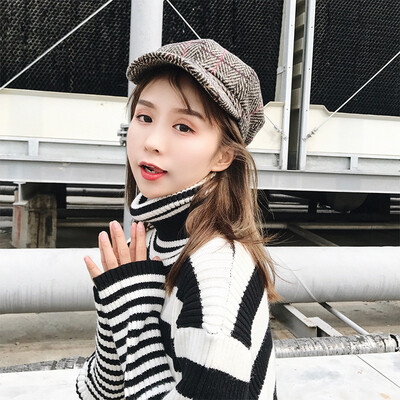 

Berets female autumn&winter English painter hat Korea Cap female Joker Japanese herringbone plaid octagonal hat