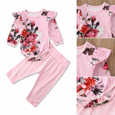 

UK Infant Baby Girl Kid Flower Fly Sleeves Jumpsuit Tops Trousers Cotton Clothes