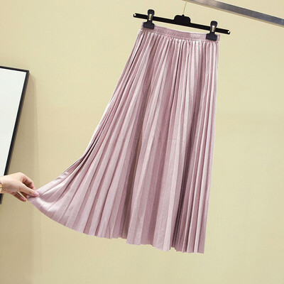 

Autumn Winter Women Pleated Skirt Elastic High Waist Long Skirts Casual Vintage A-line Suede Party Skirt Ladies Black Pink