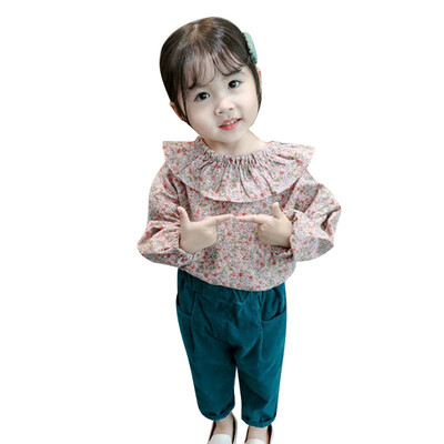 

Children Spring Autumn Cartoon Floral Printed Long Sleeve Round Collar Casual Tops Solid Color Pants
