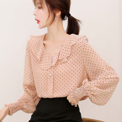 

Tailored Women Fashion Polka Dot Print V-neck Chiffon Shirt Long Sleeve Loose