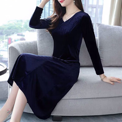 

Autumn Winter New Elegant Temperament Solid Color Dress Fashion Trend V-neck Long-sleeved Women Knee-length Dress