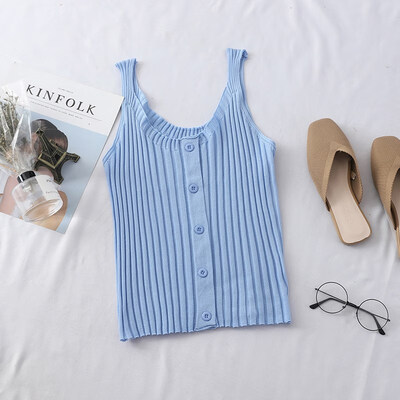 

2019 Womens Buttons U Neck Sleeveless Solid Knitted Tank Top