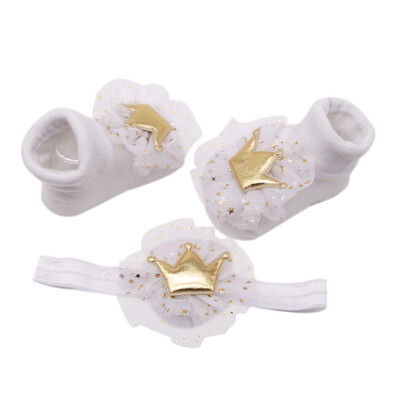 

Baby Girl Headwear Set Newborn Baby Cute Lace Cotton Socks with Crown Hairband