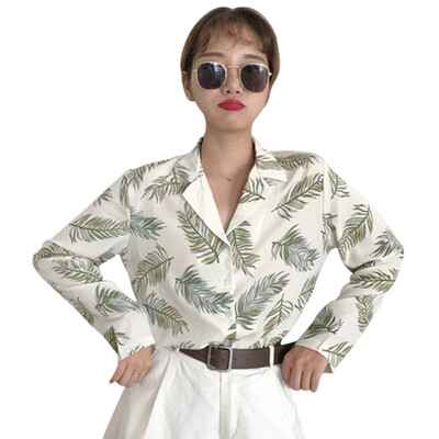 

Women Blouse&Tops Leaves Printed Short Sleeve Casual Blouse Korean Wool Peach Full Short Sleeve female lady shirts harajuku