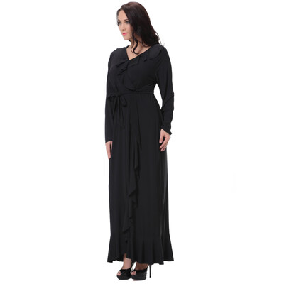 

Sexy Women V Neck Long Sleeves Plus Size Dress Ruffles Irregular Hem Big Size Solid Maxi Dress Black