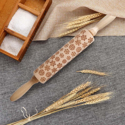 

JPGIF Christmas Rolling Pin Engraved Carved Wood Embossed Rolling Pin Kitchen Tool