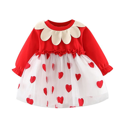 

Children Spring Autumn Girls Dress Cute Embroidery Mesh Stitching Petal Collar Long-Sleeved Sweet Birthday Party Princess Dress