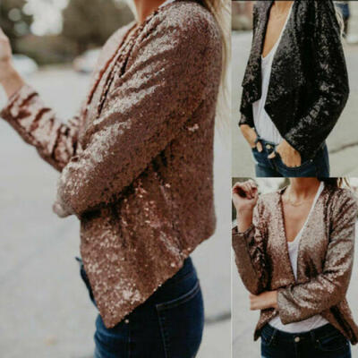 

US Women Casual Long Sleeve Blazer Jacket Ladies Sequin Suit Tops Outwear Coat