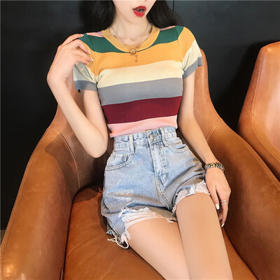 

Spring&summer rainbow striped knit slim t-shirt shirt harajuku tshirt pokemon ropa mujer t-shirt friends t shirt women