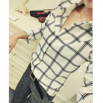 

Women Elegant Long Sleeve Tops And Blouses Lapel Plaid Print Female Blouse Slim Casual Wild Chiffon Ladies Blouses