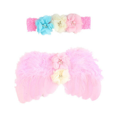 

Newborn Baby Angel Feather Wing With Lace Flower Headband Set Photo Props Outfit Costume