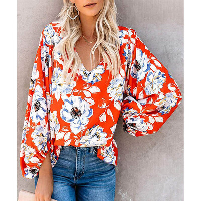 

Puff Sleeve Shirt Women\s Long Sleeve Fashion Cute Loose Joker Cute Sweet Personality Print Thin V-Neck