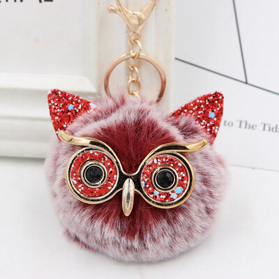 

Women Owl Faux Rabbit Fur Fluffy Key chain Key Ring Pompom Ball Pendant Cute