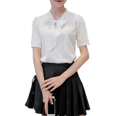 

Women Spring Autumn Long &Short Sleeve Solid Shirt Chiffon Bow Bandage Elegant Shirts Blouses