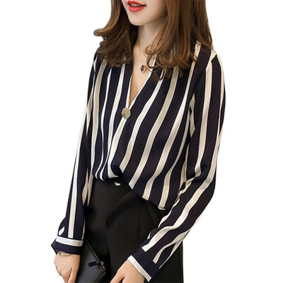 

New Women Striped Blouse Shirt Long Sleeve Chiffon Blouse V-neck Shirts Casual Tops Chemisier Femme Blusas Mujer de Moda 2019