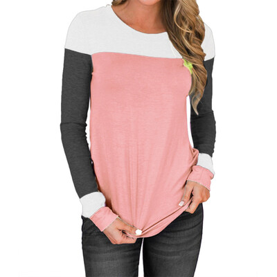 

Autumn Casual Color Block Women Long Sleeve Round Neck T-Shirt Slim Fit Top