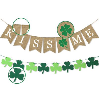 

Burlap Banner KISS ME St Patricks Day Irish Shamrock Decorative Hanging Ornaments Bunting Flag