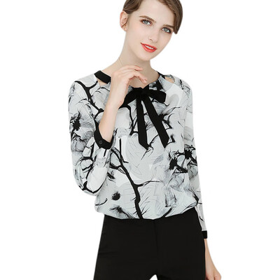 

2019 Spring Autumn Female Print Blouses Career commute Long-sleeved Slim O neck Bow Shirt Casual Lady Elegant Blouse