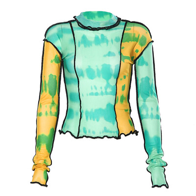 

High-Neck Long-Sleeved T-Shirt Female Fashion New Creative Printing Stitching Wild Self-Cultivation Casual Personality