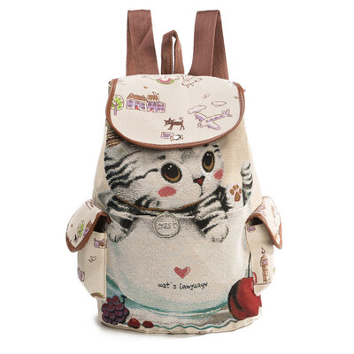 

Women Canvas Backpack Cartoon Cat Pattern School Bag Pockets Casual Vintage Bag Travel Ruchsack