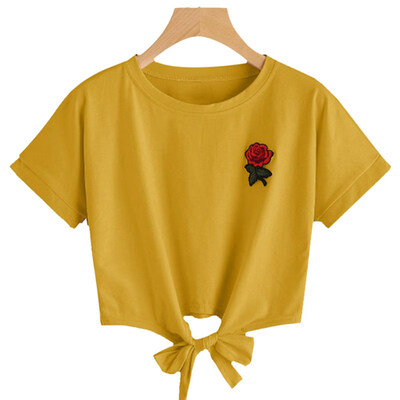

Fashion Summer Women Rose Embroidery T Shirt O Neck Short Sleeve Bandage Tee Top