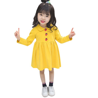 

Baby Girls Solid Print Long Sleeve Strawberry Button Design Dress Autumn Casual Kids Toddler Sundress