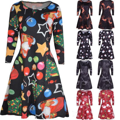 

NEW Women Long Sleeve Xmas Dress Santa Deer Christmas Party Short Mini Dress