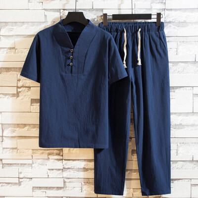 

Toponeto Mens Baggy Cotton Linen Pocket Solid Short Sleeve Retro T Shirts Top Pant Suits