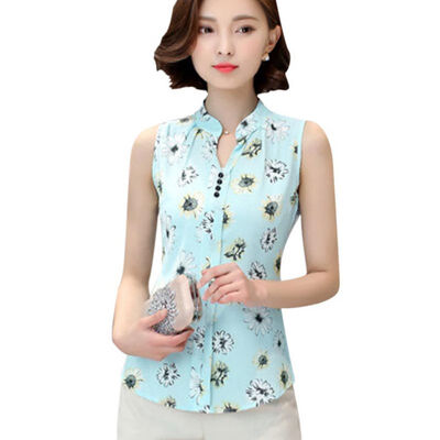 

Women Blouse Tops Chiffon Casual Sleeveless V-Neck Fashion Women Shirt Print Blouses Ladies Blusas White Summer Spring