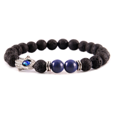 

Stylish Unisex Black Lava Stone Beads Bracelet Fatima Hand Evil Eye Bracelet Colorful Energy Yoga Chakra Bracelet