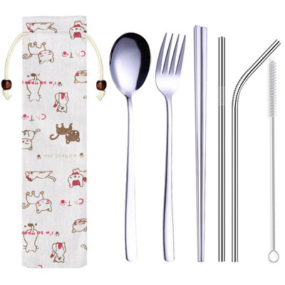 

Portable Travel Dinneware Set Stainless Steel Spoon Straws Chopsticks Fork Set With Linen Bag Kitchen Tableware