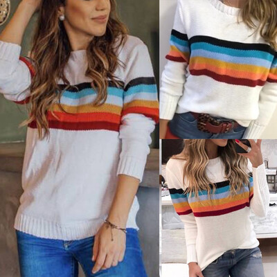 

Tailored Women O-Neck Patchwork Stripe Pullover long Sleeve Loose Knitted Sweater Tops