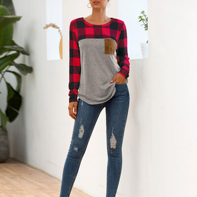 

Autumn 4 Colors Concise Casual All-match Women Fashion Color-blocked Round Collar Long Sleeve T-shirts